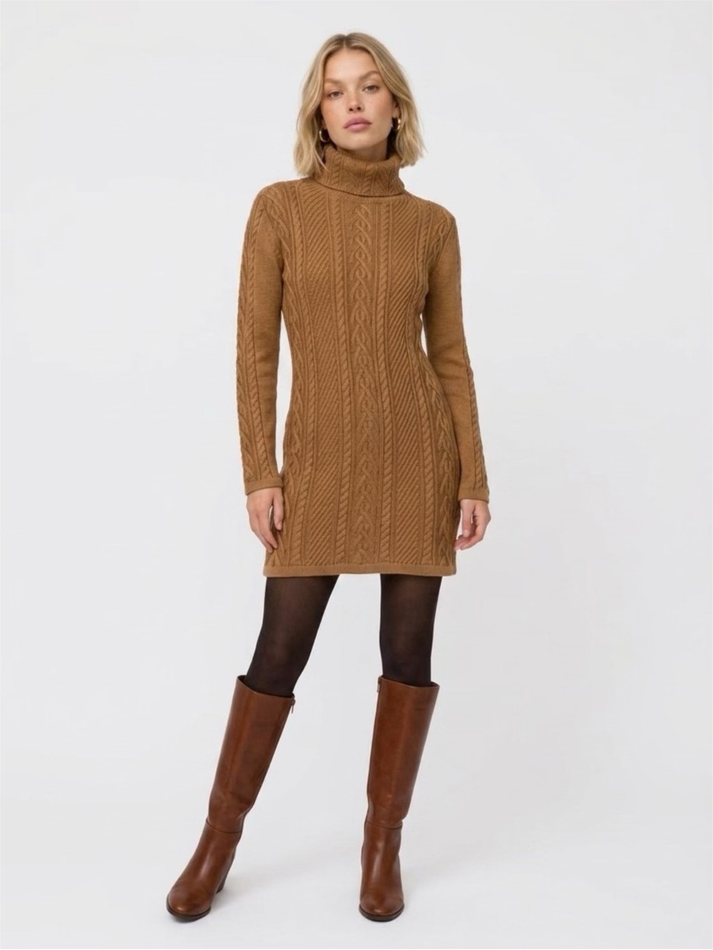 Beautiful Brown Cable Knit Sweater Dress Long Sleeves Turtle Neck Sz M Viscose